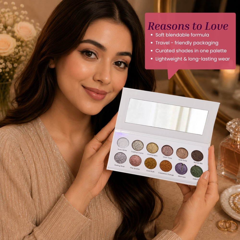 Glitter Bomb 12 Colours Pressed Metallic Eyeshadow Palette | Multiple Shades | Blendable