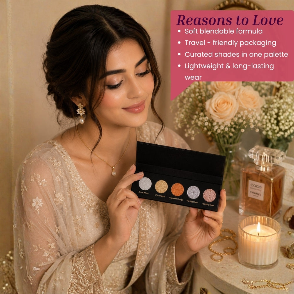 Glitz and Glam 5 Colours Pressed Metallic Eyeshadow Palette | Multiple Shades | Blendable